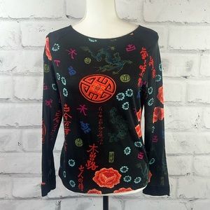 DOLCETTI Silk/Cotton Asian Inspired Long Sleeve Top Black Orange Multi